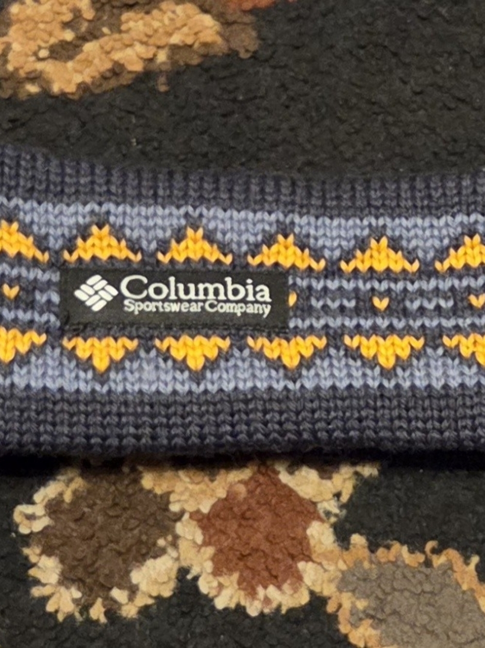 Columbia Navy Beanie with Yellow Fair Isle Accents